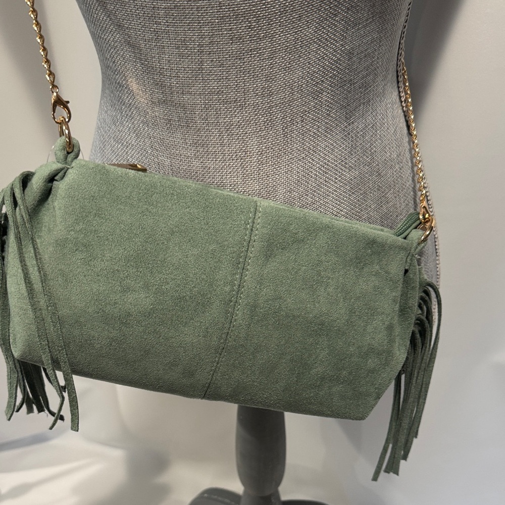Faux Suede Fringe Crossbody Bag in Sage Green - Picture 7 of 15